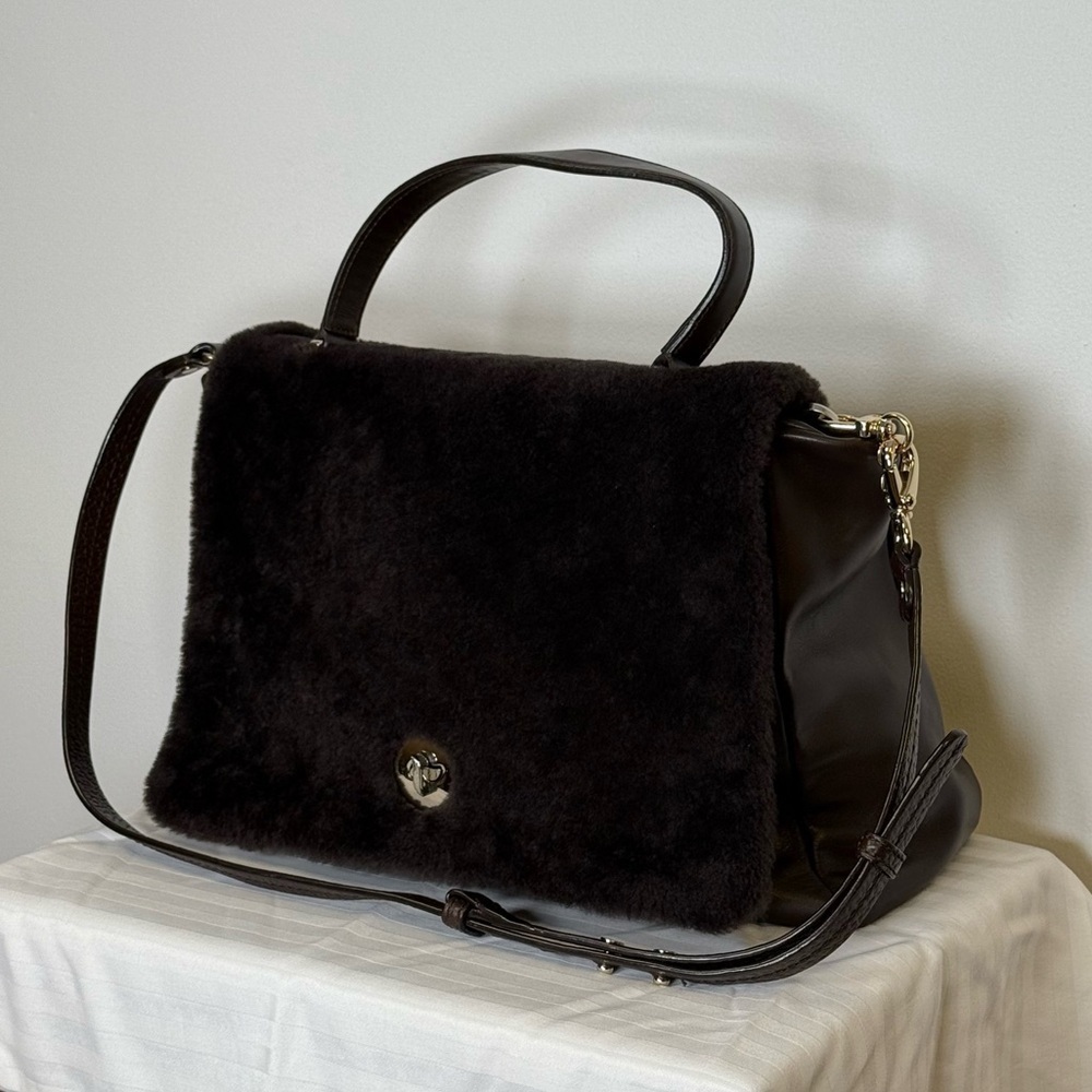 Varriale Italian Dark Brown Leather And Shearling Messenger Bag Adjustable Strap - Picture 2 of 16